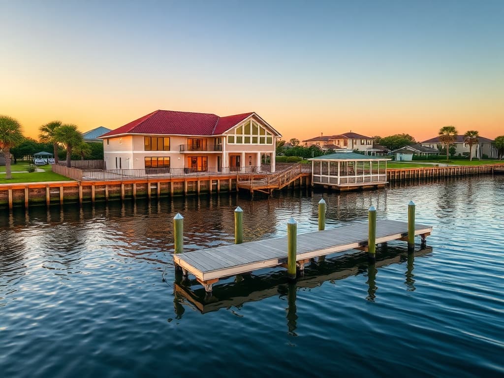 Vertical crop of a Texas Gulf Coast waterfront home with private dock at golden hour