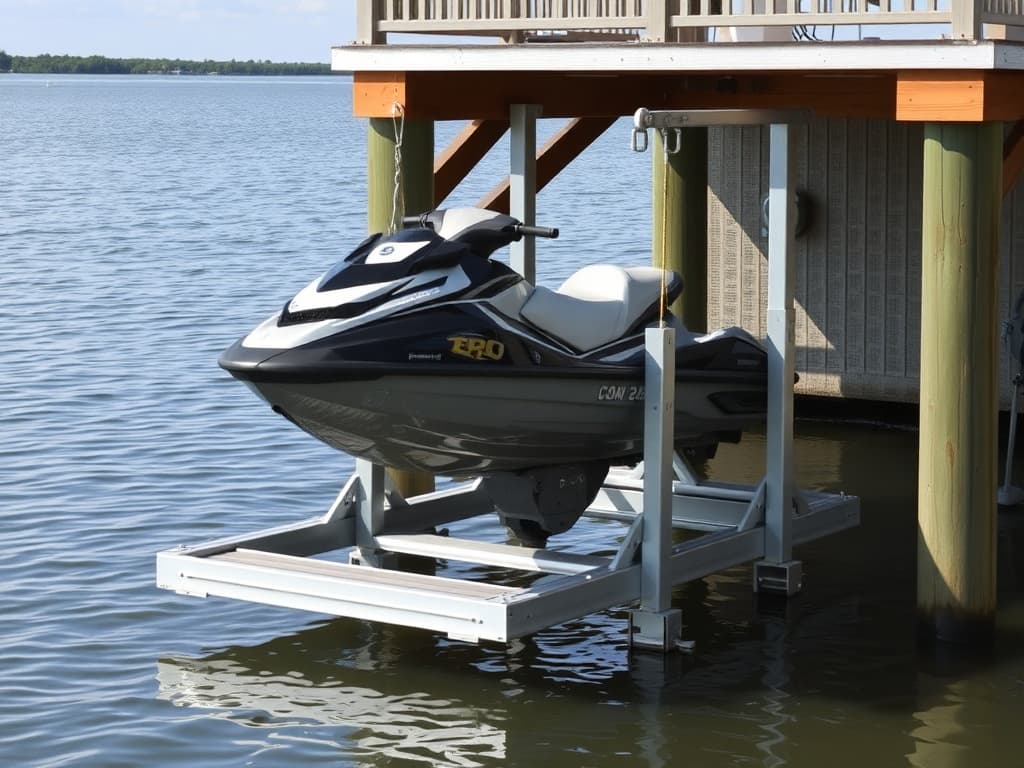 PWC boat lift installed beside a private bulkhead