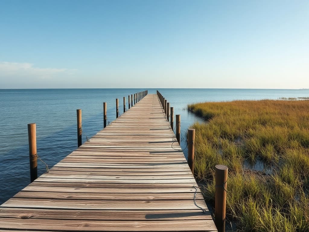 Treated-wood dock extending into a quiet Texas bay
