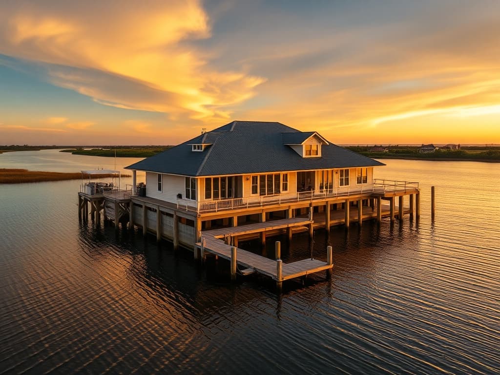 Waterfront home on the Texas Gulf Coast at sunset with a vinyl bulkhead and private dock